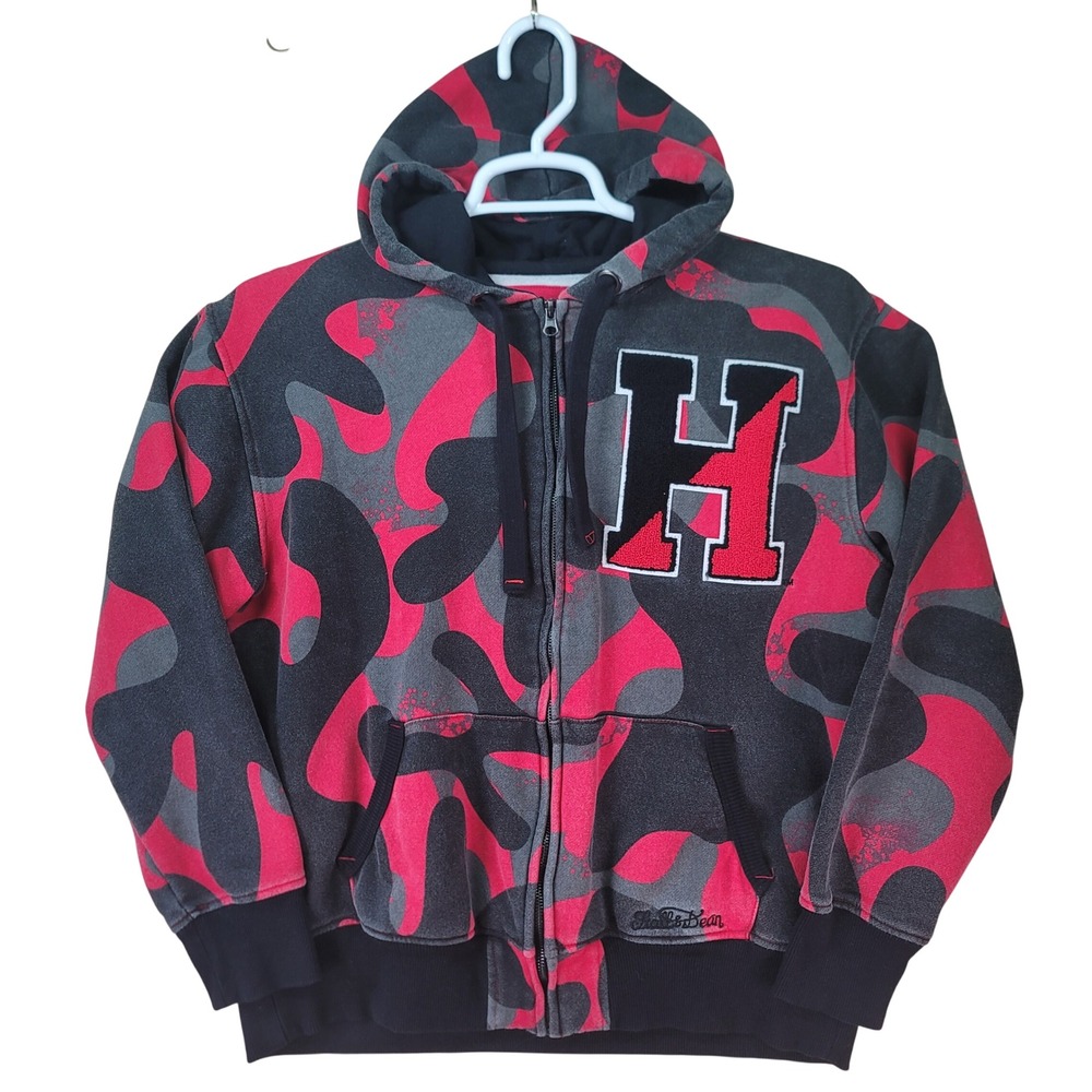 Stall & Dean Full Zip Hoodie Mens L Red Black Camo Varsity Letter H Streetwear